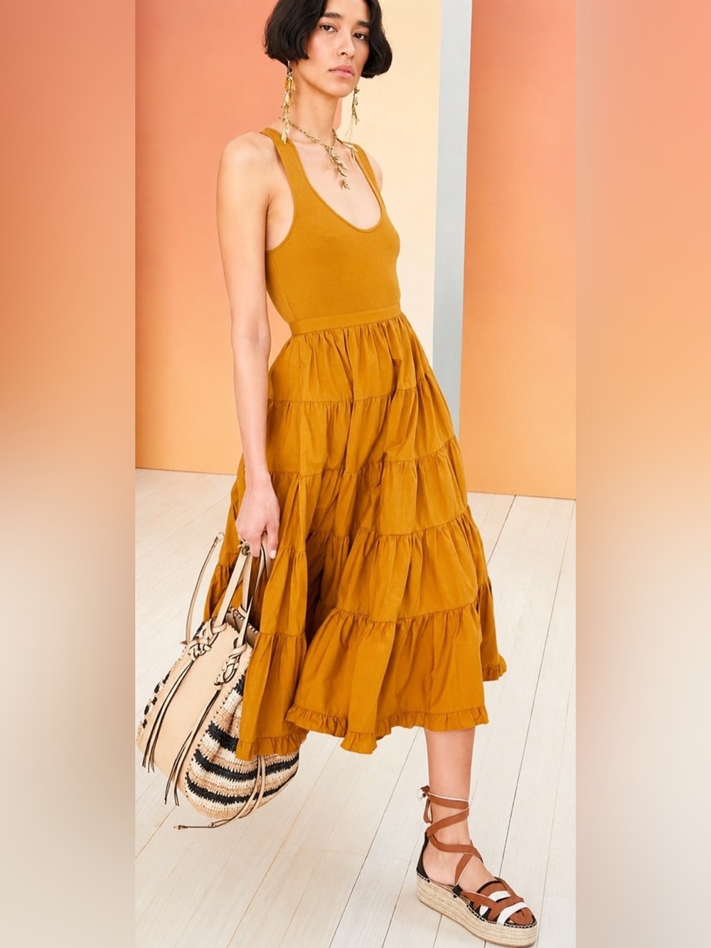 Ulla Johnson Mustard Tiered A-Line Midi Skirt